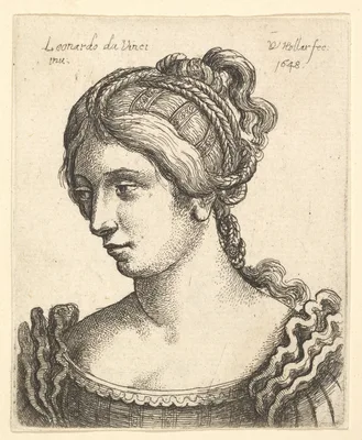 Bust of a woman looking downwards towards left with elaborately decorated hair — Leonardo da Vinci · Wenceslaus Hollar