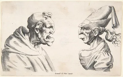 Two Grotesque Heads — Leonardo da Vinci · Anonymous, Netherlandish, 17th century · Wenceslaus Hollar