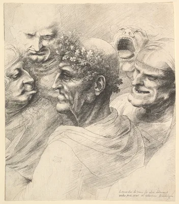 Five grotesque heads, including an elderly man with an oak leaf wreath — Leonardo da Vinci · Wenceslaus Hollar · Thomas Howard, 14th Earl of Arundel (British, 1585–1646) and Aletheia Talbot, Countess of Arundel (British, ca. 1590–1654), m. 1606