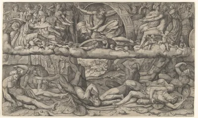 Fall of the Giants, Jupiter in the clouds overhead striking the Giants with lightning — Girolamo Fagiuoli · Perino del Vaga (Pietro Buonaccorsi)