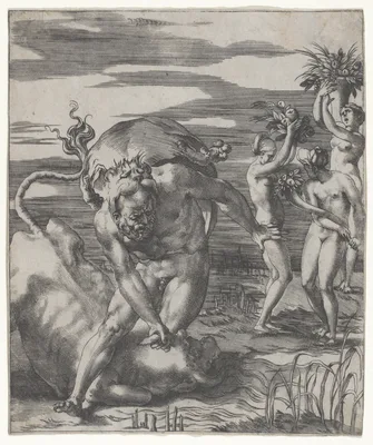 Hercules defeating the river god Acheolus in the form of a bull, with three women to his left holding cornucopias, from "Herculean Subjects" — Giovanni Jacopo Caraglio · Rosso Fiorentino