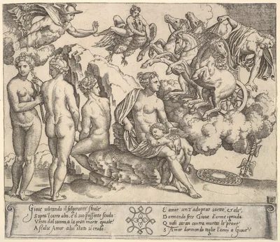 Jupiter tumbling from a horse-drawn carriage at right, Ganymede riding Jupiter's eagle upper center, below Venus and to her right, the three Graces — Master of the Die · Raphael (Raffaello Sanzio or Santi)