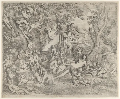 The Garden of Venus who reclines in the centre before a term of Pan and surrounded by cupids — Pietro Testa