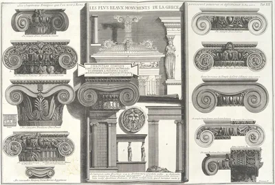 Various Roman Ionic capitals compared with Greek examples from Le Roy [S. Maria in Trastevere, S. Paoplo fuori le Mura, S. Clemente, etc.], from Della Magnificenza e d'Architettura de'Romani (On the Grandeur and the Architecture of the Romans by Gio. Battista Piranesi, Fellow of the Royal Society of Antiquaries of London), tab. 20 — Giovanni Battista Piranesi