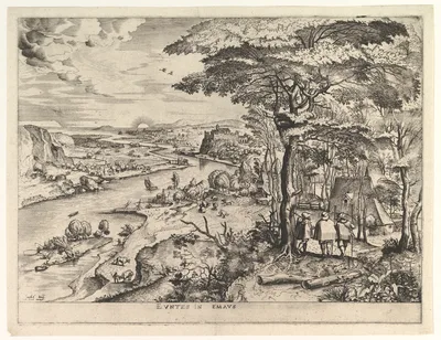 Euntes in Emaus (Landscape with Pilgrims at Emmaus) from the series The Large Landscapes — Pieter Bruegel the Elder · Johannes van Doetecum I · Lucas van Doetecum · Hieronymus Cock