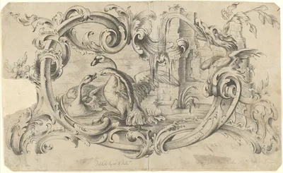 Design for a Tablet for a Chimney-Piece with Two Swans in Combat, Enclosed within a Scrolling Cartouche with a Water-Spouting Dragon's Head — Thomas Johnson