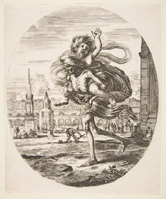 Death carrying a child, from 'The five deaths' (Les cinq Morts) — Stefano della Bella