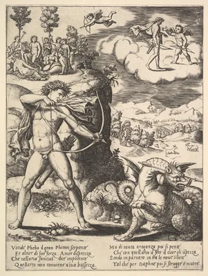 Apollo standing at left shooting a python with an arrow, above to the left are the muses and at right on a cloud Cupid approaching Apollo, from "Story of Apollo and Daphne" — Master of the Die · Baldassare Tommaso Peruzzi