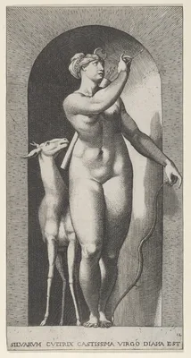 Plate 12: Diana standing in a niche, twisting to her left and pulling an arrow out of a quiver, with a deer to her right, from "Mythological Gods and Goddesses" — Giovanni Jacopo Caraglio · Rosso Fiorentino