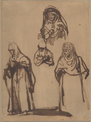 Study Sheet with Three Women and a Boy — Rembrandt