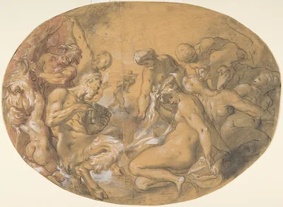 Satyrs and Nymphs; verso: partial counterproof of Heintz's "Studies for the Flight into Egypt" in The Courtauld Gallery, London — Joseph Heintz the Elder