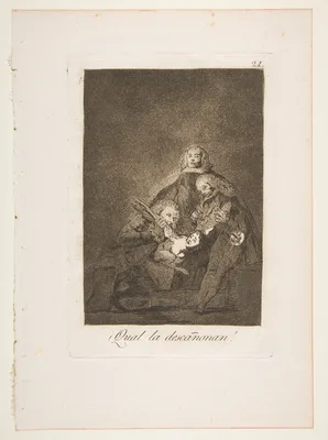 Plate 21 from "Los Caprichos": How they pluck her! (¡Qual la descañonan!) — Francisco Goya