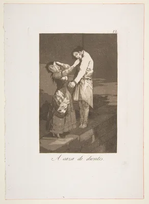 Plate 12 from "Los Caprichos": Out hunting for teeth (A caza de dientes) — Francisco Goya