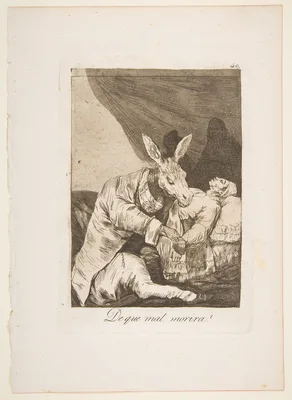 Plate 40 from "Los Caprichos": Of what ill will he die? (De que mal morira?) — Francisco Goya