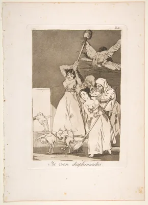 Plate 20 from "Los Caprichos": There they go plucked (i.e. fleeced) (Ya van desplumados) — Francisco Goya