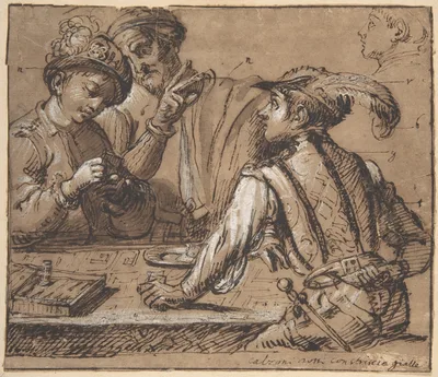 Study after Caravaggio's 'The Cardsharps' with color notes — Caravaggio (Michelangelo Merisi) · Anonymous, Italian