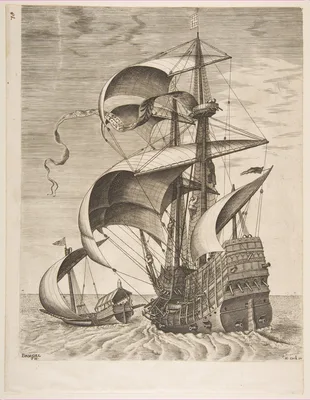 Armed Three-Master on the Open Sea Accompanied by a Galley from The Sailing Vessels — Pieter Bruegel the Elder · Frans Huys · Hieronymus Cock