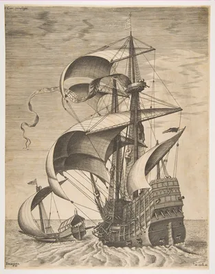 Armed Three-Master on the Open Sea Accompanied by a Galley, from the series  Sailing Vessels — Pieter Bruegel the Elder · Frans Huys · Hieronymus Cock
