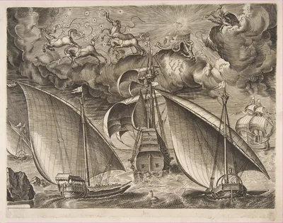 Two Galleys Sailing Behind an Armed Three-Master with Phaeton and Jupiter in the Sky, from the series of Ships — Pieter Bruegel the Elder · Frans Huys · Hieronymus Cock