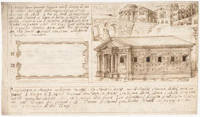 Recto: Temple Types: in Antis and Prostyle (Vitruvius, Book 3, Chapter 2, nos. 2, 3); Verso: Temple Types: Peripteral (Vitruvius, Book 3, Chapter 2, no. 5). — Sangallo family · Marcus Pollio Vitruvius