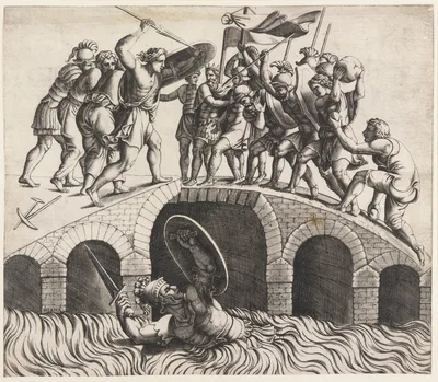 Horatio Coclès Saving Himself by Swimming — Diana Scultori · Giulio Romano