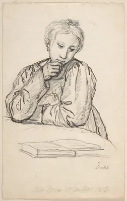 Portrait of Eline Marie Heger as a Child, Leaning on a Table, Looking at a Book — Johan Christian Dahl