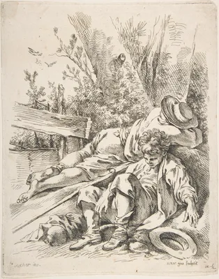 Two Boys Sleeping Besides a Tree — Marie Jeanne Boucher · François Boucher