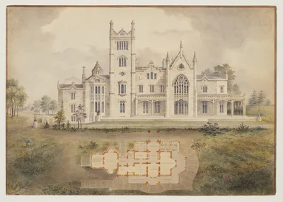 Lyndhurst for George Merritt, Tarrytown, New York (west [rear] elevation and plan) — Alexander Jackson Davis