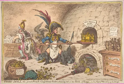 Tiddy-Doll, the Great French-Gingerbread-Baker; Drawing Out a New Batch of Kings, His Man Hopping Talley, Mixing Up the Dough — James Gillray · Hannah Humphrey