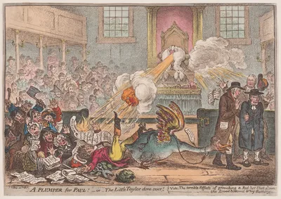 A Plumper for Paul!–or–the Little Taylor Done Over; vide–the terrible Effects of provoking a Red-hot Shot from the Broad-Bottom'd-Whig-Battery — James Gillray · Hannah Humphrey