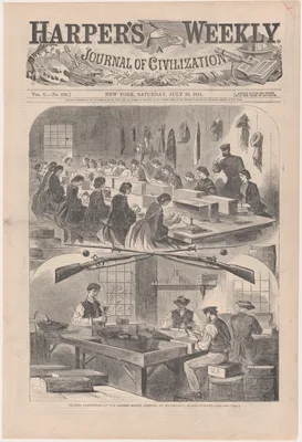 Filling Cartridges at the United States Arsenal, at Watertown, Massachusetts (from "Harper's Weekly," Vol. 5, no. 238, cover) — Winslow Homer · Harper's Weekly · Harper & Brothers · Anonymous, American, 19th century