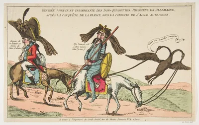 Rentrée joyeuse et triomphale des Don-Quichottes Prussiens en Allemagne, après la conquête de la France, sous conduite de l'Aigle autrichien (The Joyous Triumphal Entry of the Prussian Don Quixote into Germany after the Conquest of France, Accompanied by the Austrian Eagle) — L'imprimerie du Cercle Social · Anonymous, French, 18th century