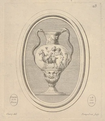 Vase with mask, a nude cup-bearing figure riding a goat followed by a satyr, and reptile handles, an oval composition — Jacques Guay · Madame la Marquise de Pompadour