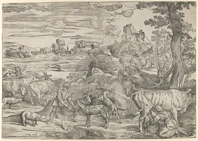 Landscape with a milkmaid at right and a boy at left — Titian (Tiziano Vecellio) · Nicolò Boldrini