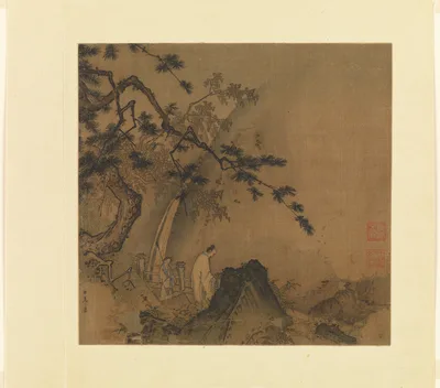 南宋 馬遠 高士觀瀑圖 冊頁 絹本 · Scholar viewing a waterfall — Ma Yuan