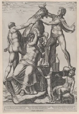 Speculum Romanae Magnificentiae: Amphion and Zethus Tying Dirce to a Wild Bull [The Farnese Bull] — Diana Scultori · Claudio Duchetti