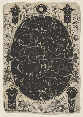 Oval Case Decorated  with Schweifwerk in Two Variants, Surrounded by Smaller Motifs, Flowers and Two Birds Below — Jacques Hurtu · Pierre Firens I