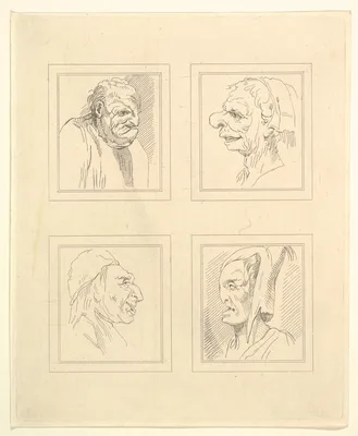 Four Heads (from Characaturas by Leonardo da Vinci, from Drawings by Wincelslaus Hollar, out of the Portland Museum) — John Clarke · Leonardo da Vinci · Wenceslaus Hollar