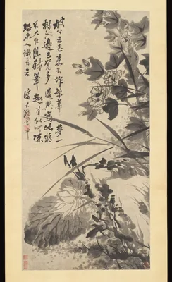 清  石濤 (朱若極)  花石圖  軸 · Hibiscus, Lotus, and Rock — Shitao