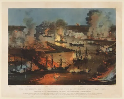 The Splendid Naval Triumph on the Mississippi, April 24th, 1862: Destruction of the Rebel Gunboats, Rams, and Iron Clad Batteries by the Union Fleet under Flag Officer Farragut — Currier and Ives