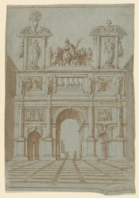 Design for a Triumphal Arch in Perspectival Rendering — Anonymous, British, 17th century · Inigo Jones