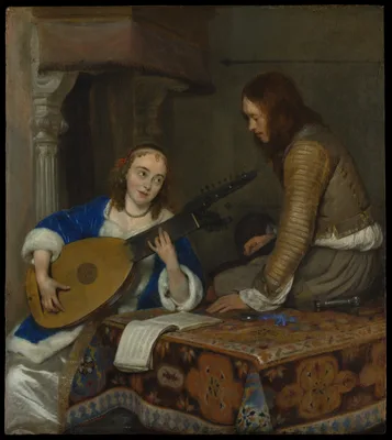 A Woman Playing the Theorbo-Lute and a Cavalier — Gerard ter Borch
