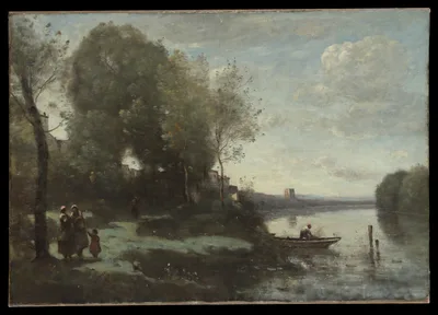River with a Distant Tower — Jean-Baptiste Camille Corot