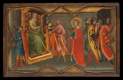 Saint Lucy and Her Mother at the Shrine of Saint Agatha; Saint Lucy Giving Alms; Saint Lucy before Paschasius; Saint Lucy Resisting Efforts to Move Her — Giovanni di Bartolomeo Cristiani