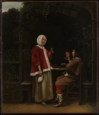 A Woman and Two Men in an Arbor — Pieter de Hooch