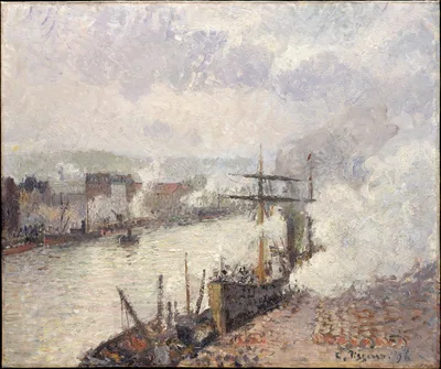 Steamboats in the Port of Rouen — Camille Pissarro