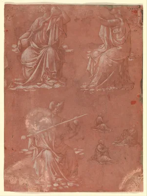 Three Virtues (Temperance, Hope, and Fortitude or Justice) and Studies of a Seated Man — Lorenzo Monaco