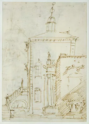 A Magnificent Pavilion by the Lagoon (recto); The Grand Canal, with the Rialto Bridge from the South (verso) — Canaletto