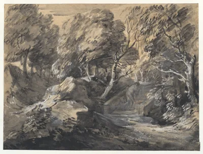 Wooded Landscape with a Man Crossing a Bridge — Thomas Gainsborough