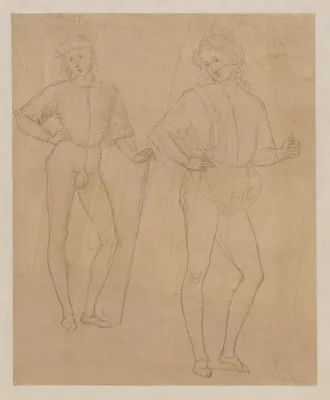 Two Studies of a Standing Youth in Quattrocento Clothing (recto); a cardinal's hat on a fragmentary coat of arms with a griffin (the arms of the city of Perugia) (verso) — Pietro Perugino
